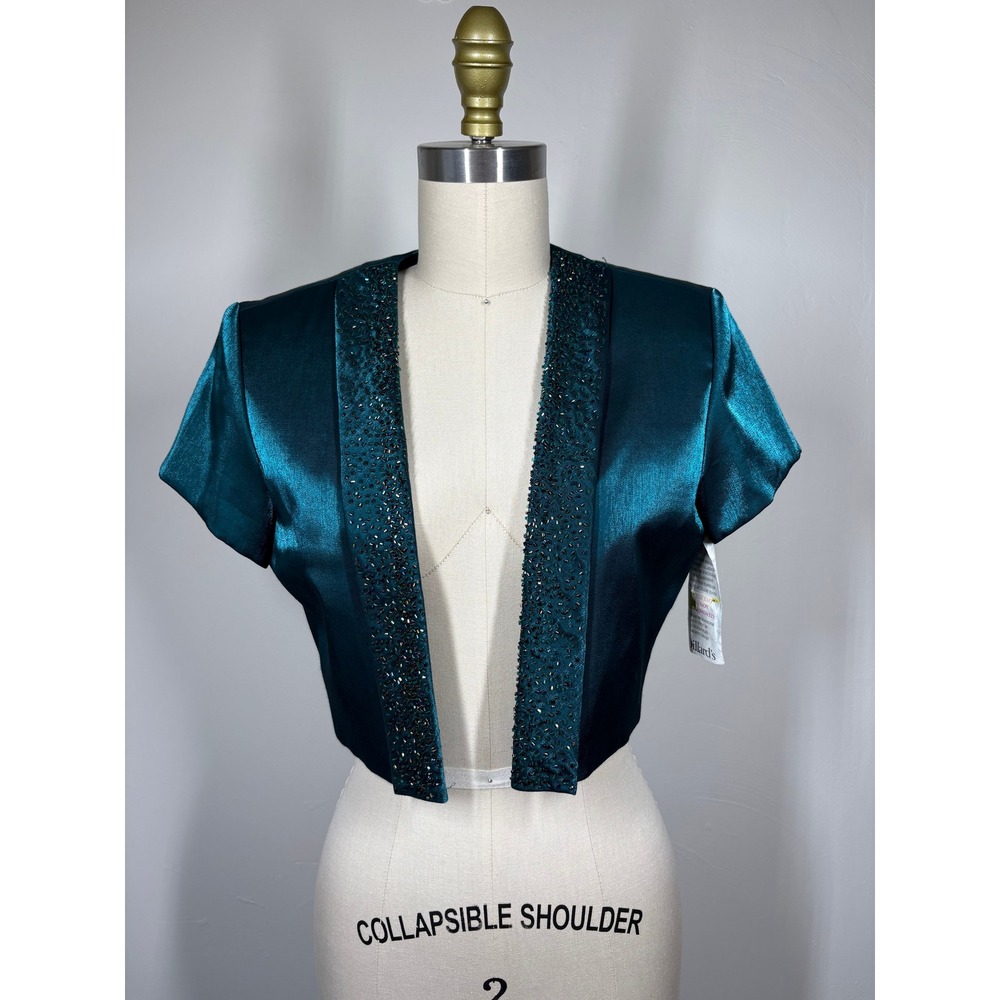 Vintage Y2K JR Nites Womens Bolero Jacket 6 Teal Beaded Satin Cropped Formal